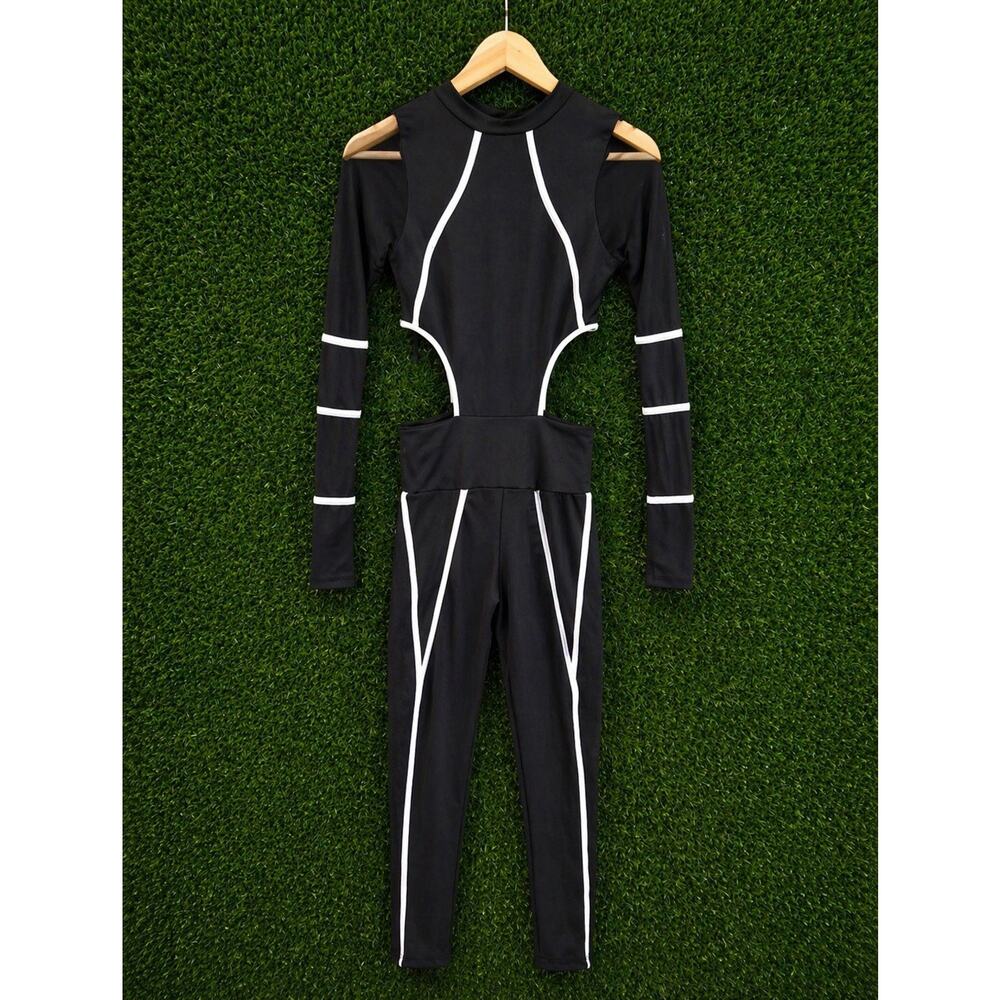 Sexy Black Cut-Out Jumpsuit White Trim Mesh Long Sleeve Sporty Bodysuit Small/XS